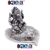 OkaeYa Silver Finish Ganesh Sitting on Leaf With Diya God Idol With Beautiful Velvet Box 
