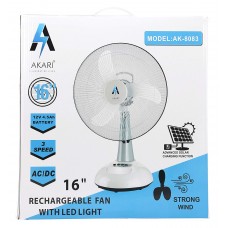 OkaeYa Akari Ak-8083 Plastic and Metal Rechargeable Ac/Dc Solar Charging Function, Oscillating Table Fan with Emergency LED Light, 16-inch , White